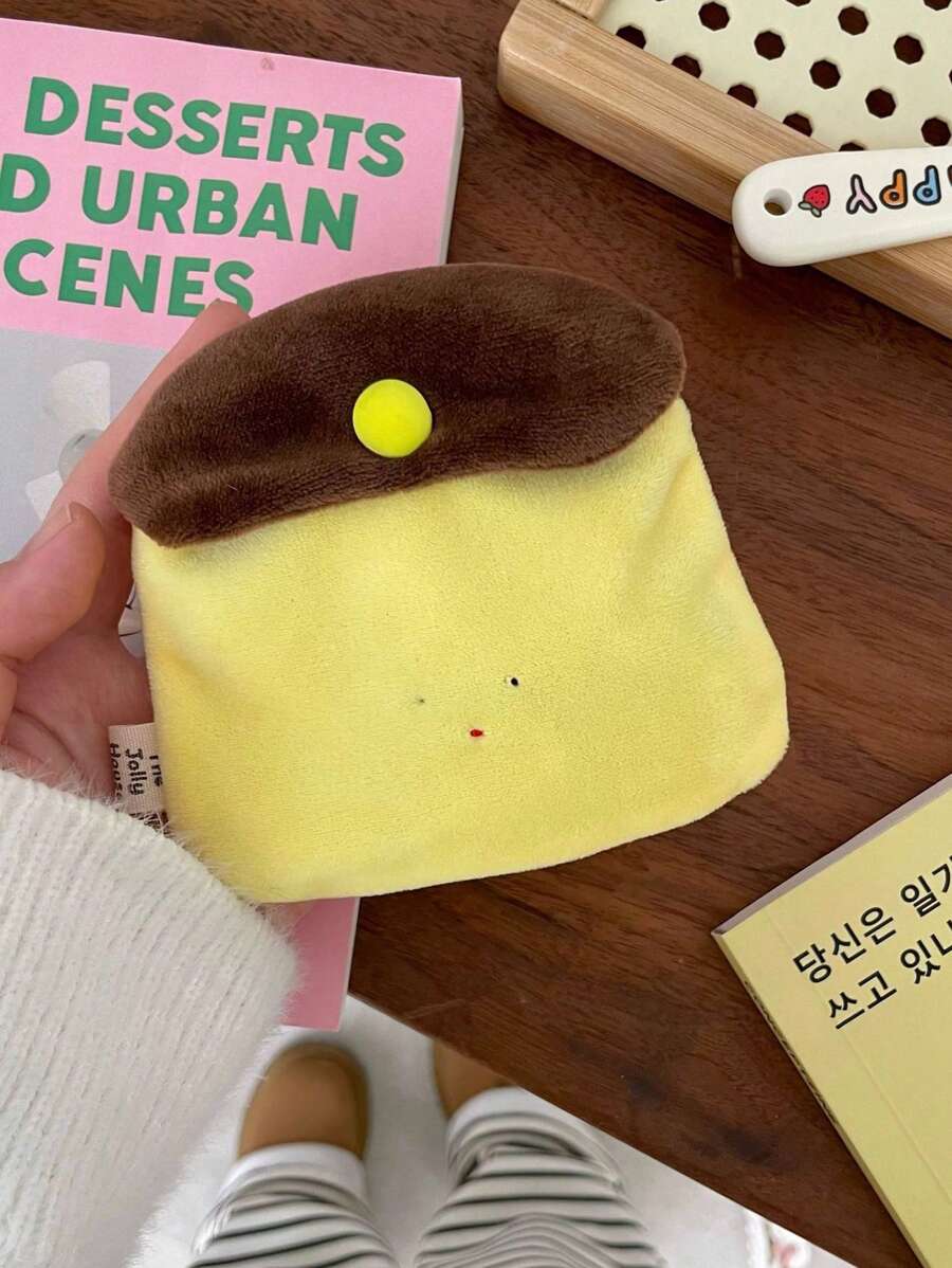 1pc Handmade Cute Caramel Pudding Shape Pouch Creative Mini Plush Earbud/Card Holder Wallet Purse Wallet Mini Wallet Coin Wallet - Yellow - View 1