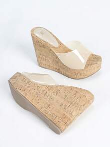 Damen Plateau-Keilsandalen mit 12 cm wasserfester dicker Sohle, vielseitige Slip-On High Heels Mules - Aprikosenfarben - Übersicht 5