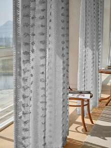 1pc Vertical Pompom Tassel Sheer Curtain, Semi-Blackout Linen Texture, Suitable For Bedroom, Living Room, Balcony, Casement Window - Grey - View 7