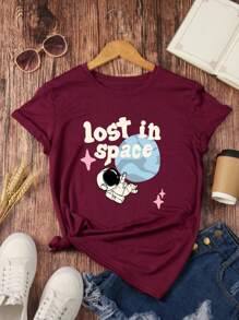 Women's Short-Sleeved Round Neck Cartoon Astronaut Design T-Shirt