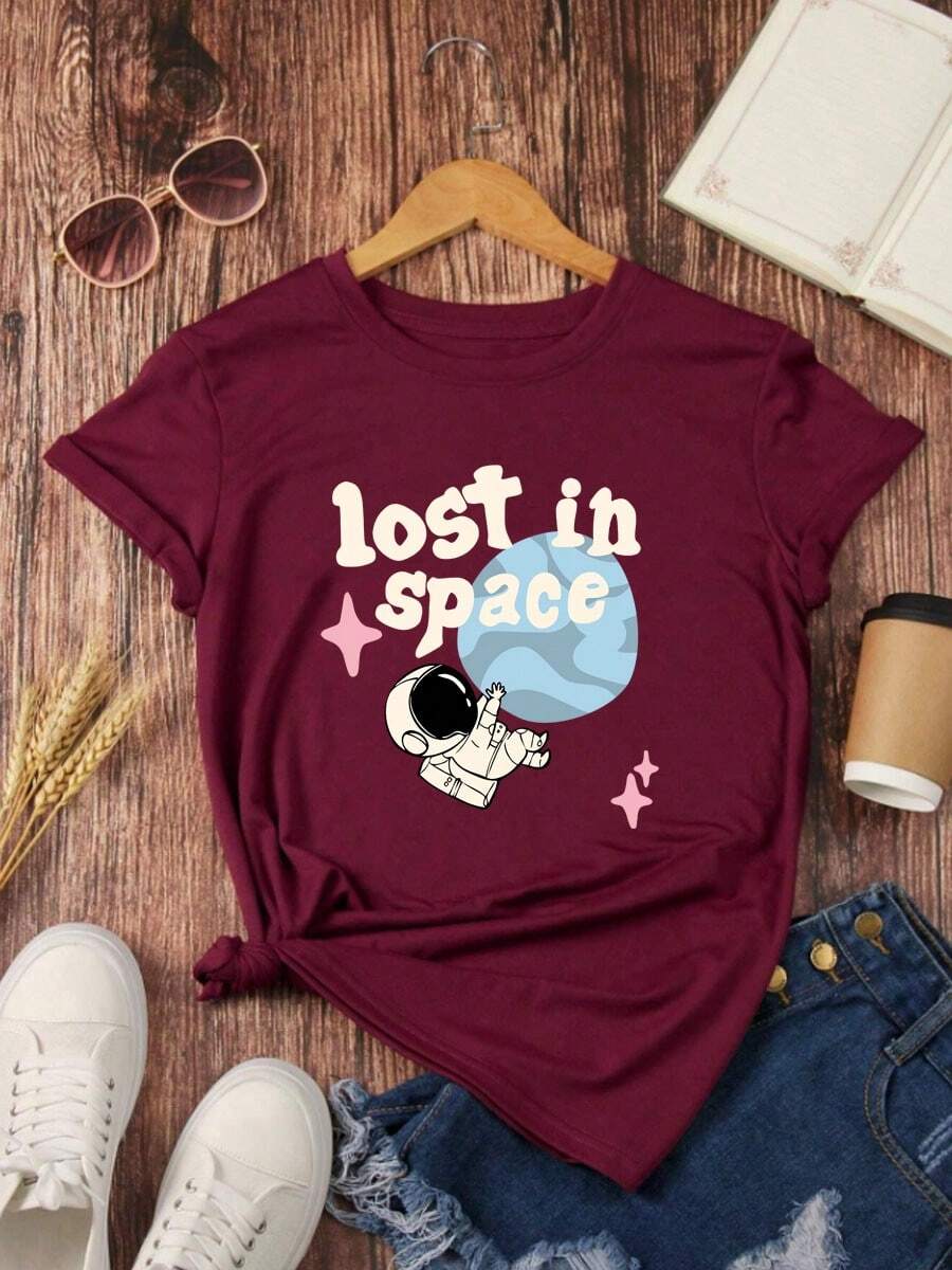 Women's Short-Sleeved Round Neck Cartoon Astronaut Design T-Shirt