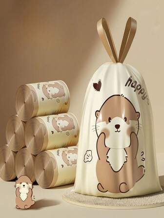 50pcs/1roll Otter Print Drawstring Large Trash Bag, Cartoon Design, Self-Sealing, Suitable For Living Room, Kitchen & More