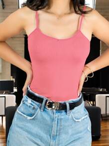 Women's Tank Top Blouse Ribbed Straps Plain Print Basic Crop Top In Various Colors - 藕粉色 - 查看 4