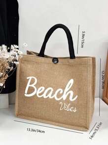 Beach Letter Theme Yellow Linen Handbag, Plus A Small Bag With A Hand Rope And A Bow Hat, Bridesmaid Personalized Wedding Gift Bag, Travel Storage Bag, Cosmetic Storage Bag, Coin Purse, Direct Storage Bag, Beach Bag, Sunscreen Beach Hat New Travel Sunshade Wave Hat Handmade Diy Sun Hat, Is A Gift For Mom, Valentine'S Day Gift, Very Suitable For Traveling To The Seaside., Beach Essentials, Summer Women Bag,Perfect For Travel, Vacation, Holiday & Beach - Khaki - View 11