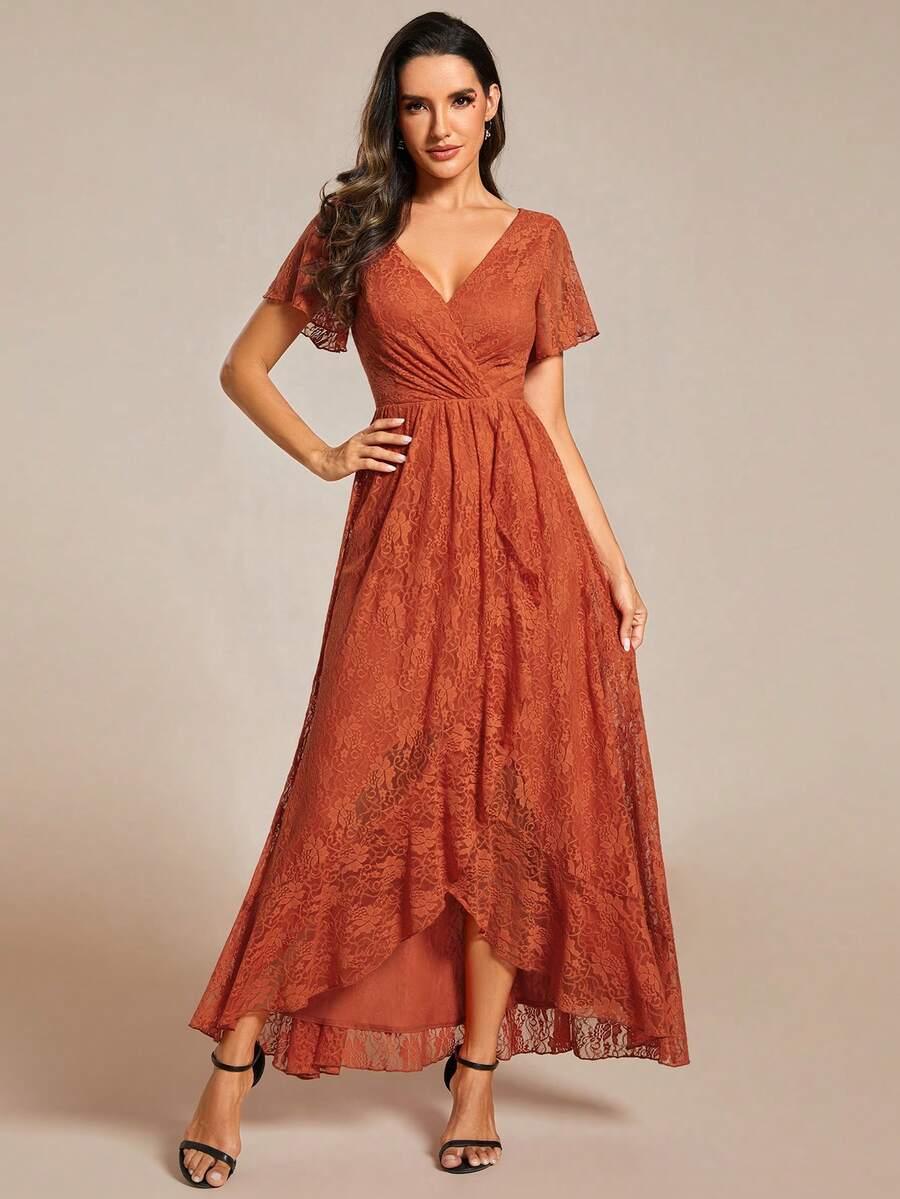 Women V-Neck Lace Elegant Ruched Bust Ruffle Trim Wrap Hem Chiffon Burnt Orange Bridesmaid Dress Wedding Guest Gown For Wedding - Burnt Orange - View 1