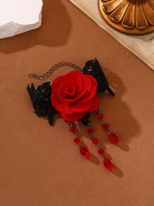 2pcs Vintage Rose Choker And Bracelet Set - Black Lace And Red Rose Jewelry Set For Girls - Gothic Lolita Jewelry Set