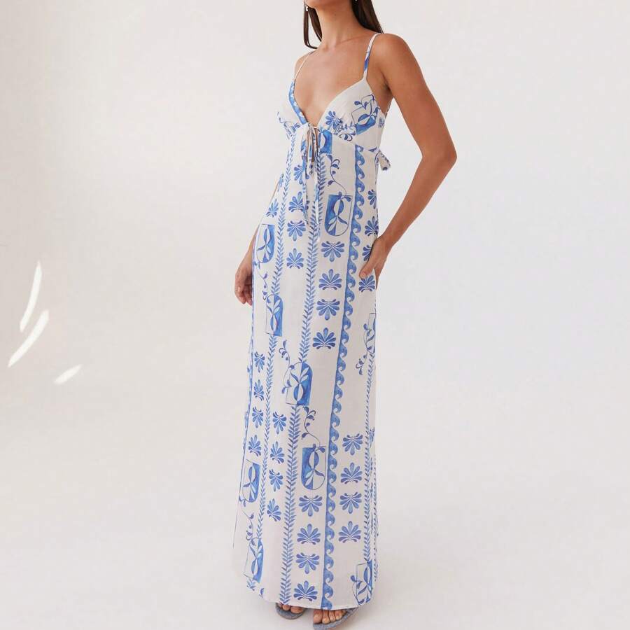 Women Summer Spaghetti Strap Dress Sleeveless Deep V Neck Cutout Slit Maxi Dress Tie-Up Front Backless Long Dresses Casual Beach Party Maxi Dresses - 藍色 - 查看 1