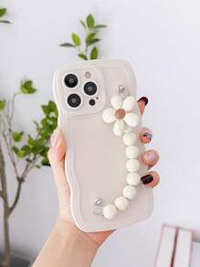 Białe etui na telefon 1 szt. Modne faliste etui na telefon TPU odporne na wstrząsy z dekoracją bransoletki z pereł DIY, kompatybilne z 11 12 13 14 15 Pro Max 16 Plus