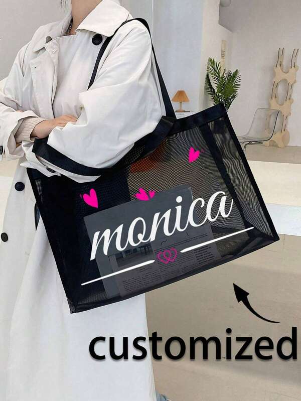 1pc Customized Mesh Tote Bag Your Own Design,Personalized Design (Name,Logo,Text) Foldable Large Capacity Lightweight Stylish Personalized Tote Bag Shoulder Bag Casual Shopping Bag Tote Bags Initial Classic Present Bag Personalized For Wedding Birthday Beach Holiday