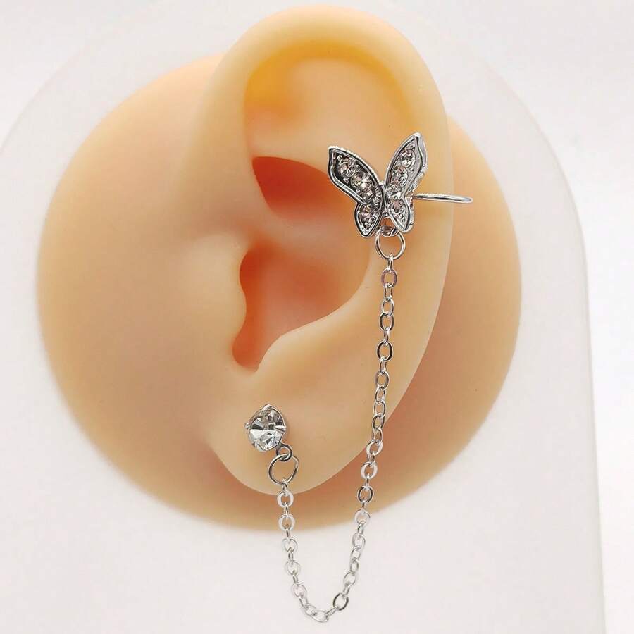 1 Pc Of Earring Chain Butterfly Earring Studs Drop Dangling Chain Wrap Tassel Earring For Women - Silver - View 1