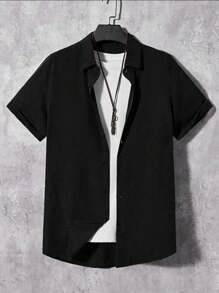 Classic Design Shirt, Men's Casual Short Sleeve Button Down Shirt For Business Casual Events - Đen và trắng - Xem 1