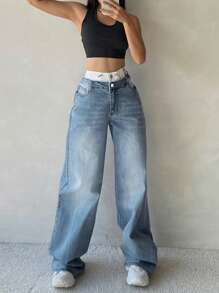 Women's Floor Length Jeans, Street Style, With Buttons, Zippers, And Pockets, Urban Style, Comfortable Women's Pants. - Medium Wash - View 2