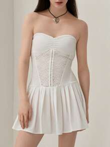 Women's Tube Top Dress Sleeveless Off Shoulder Front Ruched Lace Embroidery Backless Pleated Mini Dress For Party Club