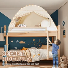 Kids Twin Size Bed Tent With Lights & Flags - Portable Foldable Canopy For Toddler Beds, Indoor Playhouse, Privacy Space For Boys & Girls, Perfect Gift For Bedroom Decor - Beige - View 10