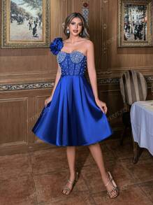 Faeriesty Elegant One-Shoulder Satin Cocktail Dress With Rhinestone & Beaded Bodice | Party Evening Gown For Wedding Guest, Formal Events
