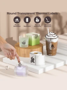 1 Roll 3/4/5cm Transparent Round/Square Thermal Labels, Self-Adhesive Thermal Label Paper, Barcode/Address/Mail/Logo/Business/Thank You Labels, Compatible With Phomemo M100/M200/M210/M110/M120/M108/P50/P80/P1/P2 Label Printers
