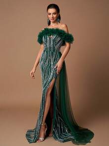 SUPGIR [Non-Positioning Flowers] High Collar Layered Mesh Sleeves Maxi Dress With Embroidery & Faux Pearls, Open Slit, Formal Gown, Party Dress, Wedding Guest Dress, Evening Dress - Dark Green - View 6