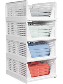 1pc Stackable Plastic Storage Basket Organizer Bin, Suitable For Wardrobe, Cabinet, Foldable Drawer Storage Box For Kitchen, Bathroom, Bedroom, Office,Bedroom Room Decor,Back To School - White - View 1