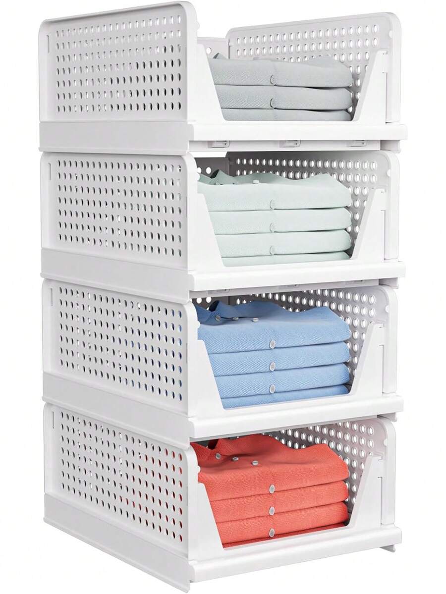 1pc Stackable Plastic Storage Basket Organizer Bin, Suitable For Wardrobe, Cabinet, Foldable Drawer Storage Box For Kitchen, Bathroom, Bedroom, Office,Bedroom Room Decor,Back To School - White - View 1