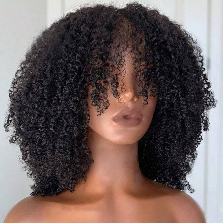 Afro Kinky Curly Human Hair Wig With Bangs Full Machine Made Scalp Top Wig Glueless Virgin Brazilian Afro Curly Wigs For Women 200% Density Natural Color - #1B Black - View 1