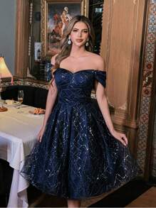 Faeriesty Sparkling Off-Shoulder A-Line Cocktail Dress With Rhinestone Embellishments For Evening Parties - Navy Blue - View 4