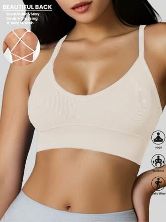 1 Pieza Sujetador deportivo sin costuras, de punto acanalado, sexy y sin cable, con tirantes cruzados y espalda descubierta para mujer