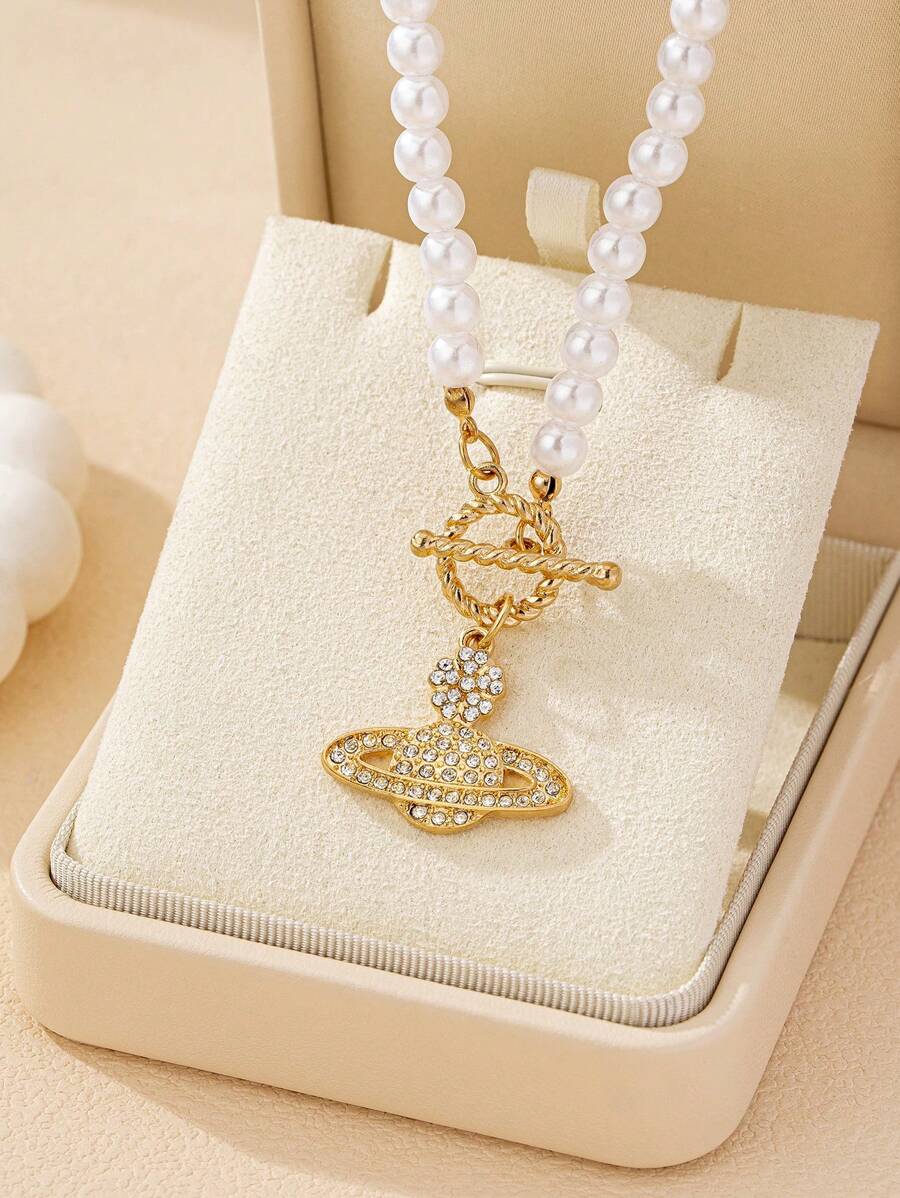1 件时尚优雅的珍珠和水钻花朵吊坠项链，适合女性日常穿着和派对时尚配饰