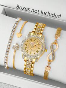 4 peças/conjunto de relógio feminino elegante com strass e numeral romano e pulseira de corrente em formato de 8, pulseira redonda dourada da moda, presente para o dia das mães, dia do professor, ação de graças, formatura, aniversário