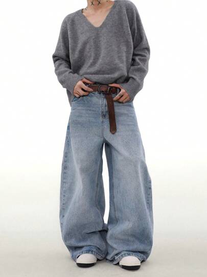 1 pieza Pantalones vaqueros casuales tipo "Justice Brother", pantalones anchos y sueltos de uso versátil y personalizado para hombres