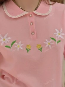 Simple Retro Modele damskie na wiosnę i lato Kolizja Kołnierzyk Piotruś Pan Haft guzikowy Różowy Romantyczny Elegancki Retro Elegancki Slim Krótki rękaw Sweter Dzianinowe topy