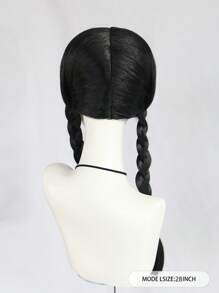 28 Inch Long Black Dual Braided Cosplay Wig With Bangs For Women Halloween Costume Anime Party, Black Double Low Braided Hairstyle Film Character Wig For Concerts Vacation Photography Themed Events Comic Con Exhibition