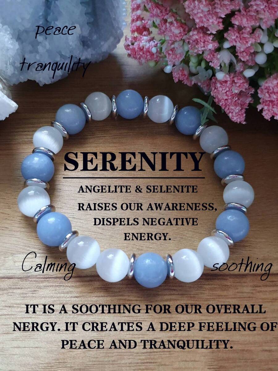 8 毫米天使石和透石膏手链，宁静、和平、安宁、精神指引、光环净化、个人转变、负面屏蔽冥想波西米亚风珠宝，适合男女