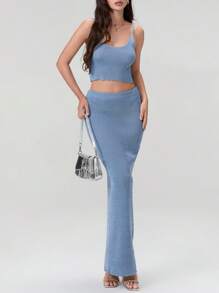 Two Piece Skirt Set For Women - Sexy 2 Pc Bright Silk Skirt Set Sleeveless Spaghetti Strap Scoop Neck Tank Top Bodycon Maxi Long Skirts Sets - 藍色 - 查看 3
