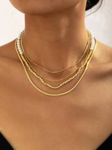 Set de 3 collares multicapa de imitación de perlas, diseño de cadena tipo hueso de serpiente, accesorios de estilo simple y elegante color dorado para mujer, para uso diario y como regalo