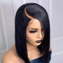 12 Inch Glueless 4x4 Lace Front Wig For Women Natural Black Brazilian Straight Human Hair 180% Density Transparent Lace Front Short Bob Cut With Youngsters Hair Pre-Plucked Glueless Wear(Bob Wig 10-14inch)