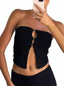 Women Summer Basic Bandeau Solid Color Button Cutout Strapless Off-Shoulder Crop Tops Streetwear Club Wear - Black - View 1