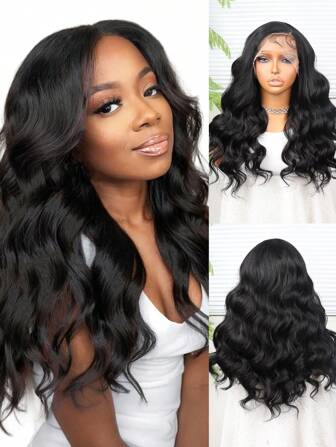 13X4 蕾丝前假发，带婴儿头发合成纤维，日本进口，18 英寸黑色波浪发合成纤维耐热假发弹力网帽，适合各种种族日常聚会，高品质女士自然美丽合成柔软假纤维头发