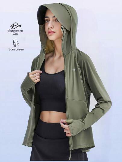 女士轻便透气速干连帽防晒外套，适合户外活动，如徒步旅行、钓鱼和日常穿着。