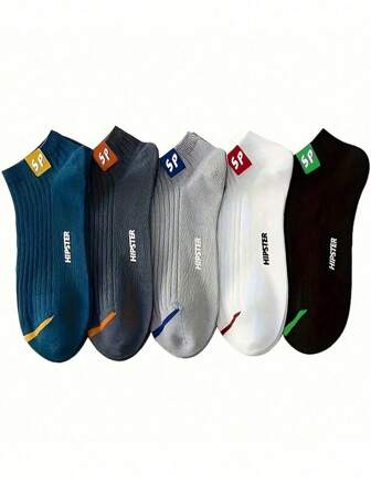 5 Pairs Unisex Thin Breathable Low Cut Ankle Socks, Fashion Letter Print Knitted Fabric Sports & Casual Boat Socks, Machine Washable, Multi-Functional Short Socks
