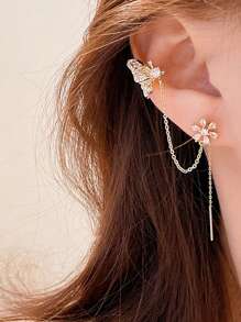 1pc Zinc Alloy Butterfly & Flower Combined Ear Cuff Earrings, Elegant Style Ear Clip For Women - Gold - View 1