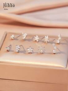 Hihho 10pcs/Set New Fashionable Classic Flower, Star, Meteor Stud Earrings Set With Shiny Zirconia Stones, Simple Design Women Earrings For Daily Wear, Holidays And Gifts (White Gift Box) - Silver - View 5