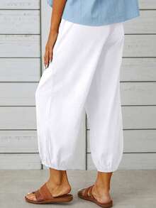 新款宽松高腰纽扣亚麻 3/4 女式阔腿裤 - 白色 - 查看 2