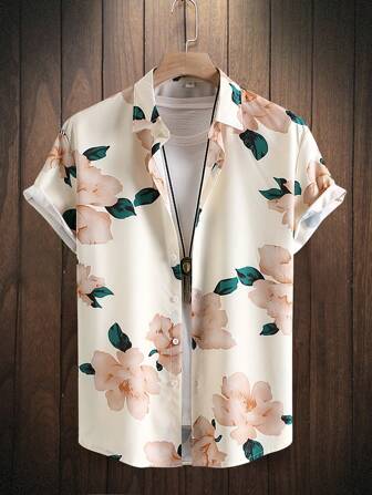 Camisa casual de manga corta con estampado de plantas tropicales para hombre
