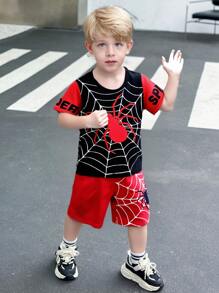 Ensemble T-shirt à manches courtes et short imprimé araignée pour jeune garçon, été