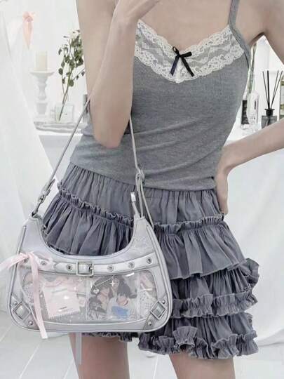 1pc Cute Half-Moon Shaped PU Shoulder Bag, Zipper Closure Underarm Bag, DIY Itbag, Sweet & Adorable Style With Ribbon Bow Decor, Suitable For Daily Commute, Cosplay, Comic Convention, Birthday, Valentine's Day Gift, Kids & College Students