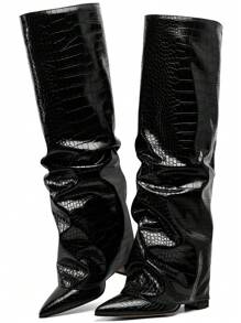 Shark Boots Women's Knee High Boots Fold Over Boots Slouchy Chunky High Heels Shoes Wide Calf Pointed Toe Shoes - 黑色石頭紋 - 查看 10
