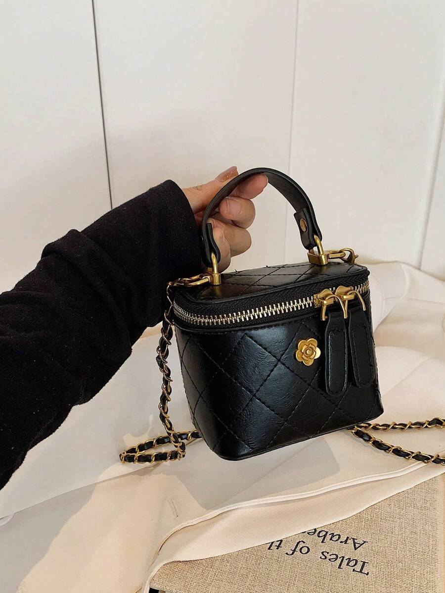 迷你女士菱形刺绣水桶手提包，单肩/斜挎包 - 黑色 - 查看 1