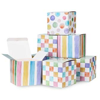 12 个粉彩水彩派对礼品盒，小纸质礼品盒立方体盒，适用于礼物、求婚、婚礼、生日派对和小型企业（4 X 4 X 4 英寸）（条纹、波尔卡、网格图案）