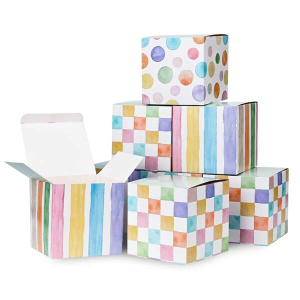 12 caixas de lembrancinhas de festa em aquarela pastel, pequenas caixas de presente de papel, caixas de cubo para presentes, propostas, casamentos, festas de aniversário e pequenas empresas (4 x 4 x 4 polegadas) (listras, bolinhas, padrão de grade)