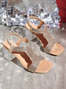 Sandalias de tacón alto con detalles de strass, de tacón ancho y punta abierta, con diseño de banda elástica simple, elegantes, adecuadas para vestidos, fiestas y vacaciones